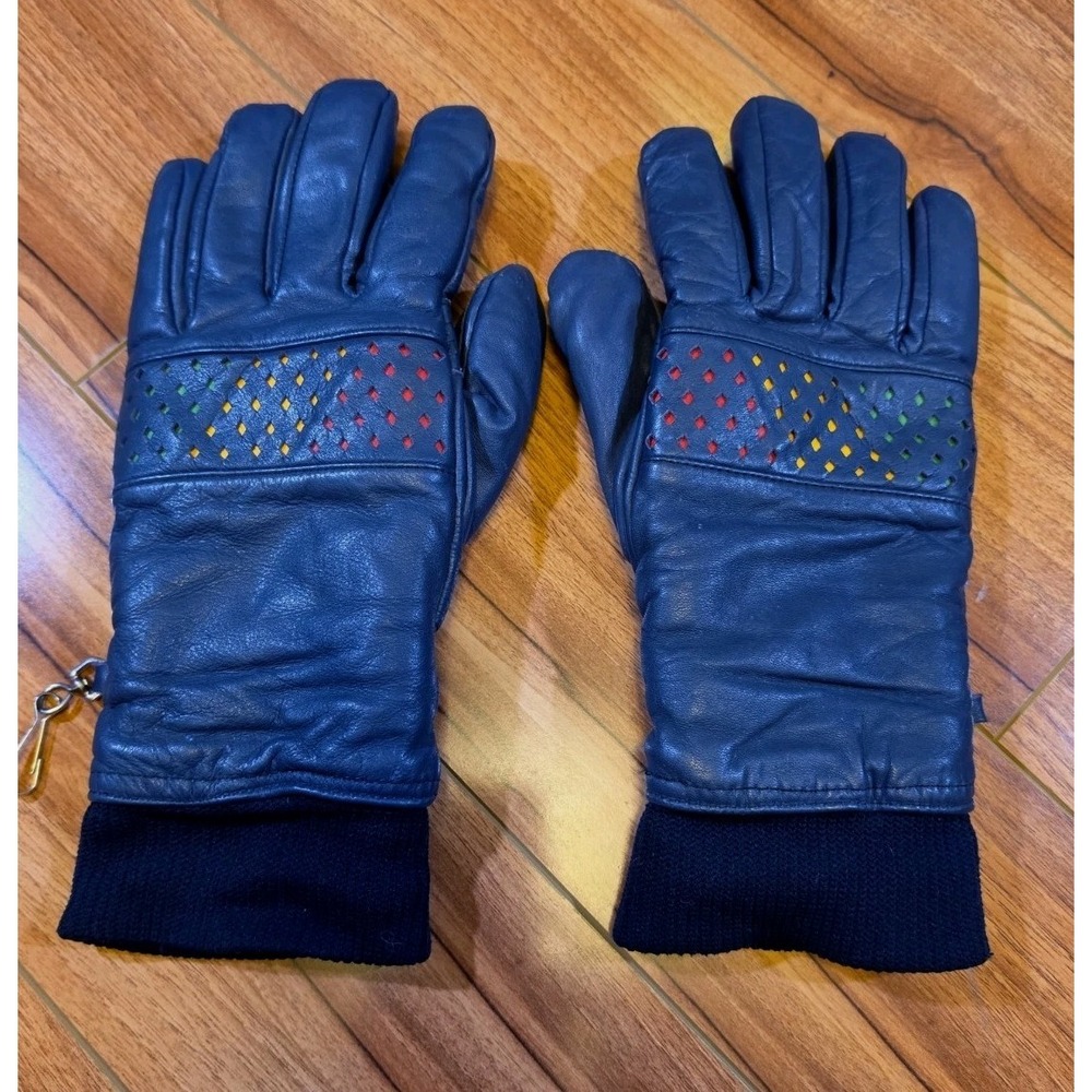 Vintage Colins Montreal Ski Gloves Navy Leather Perforated Rainbow Retro Grandoe